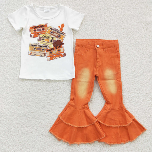 Magnetic Tape White Orange Bleached Jeans Girls Short Sleeve+Trousers Sets