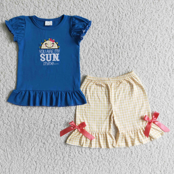 You Are My Sunshine Embroidery Yellow Plaid Blue Girls Shorts Sets
