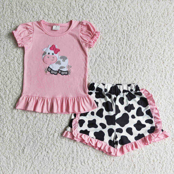 Pink Cow Print Embroidery Girls Shorts Sets