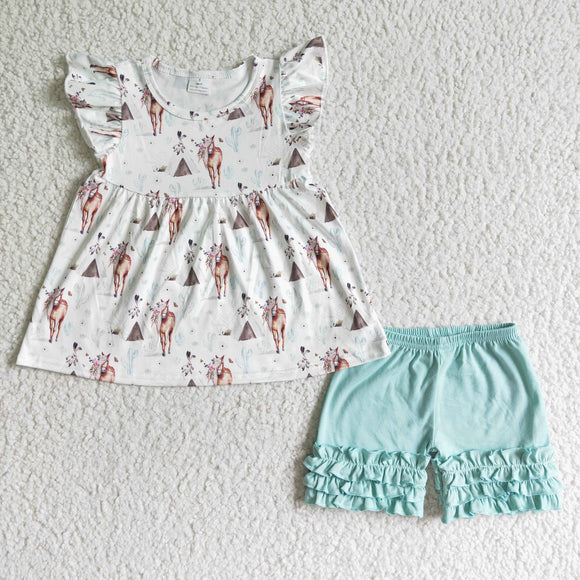 Promotional Horse Floral White Blue Girls Shorts Sets