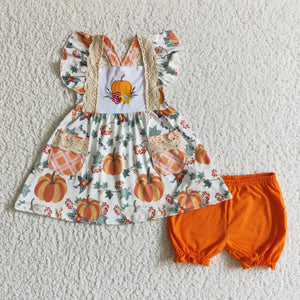 Lace Pumpkin Pockets White Orange Girls Shorts Sets