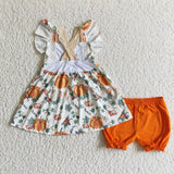 Lace Pumpkin Pockets White Orange Girls Shorts Sets