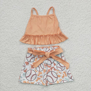 Solid Orange Baseball Leopard Print White Girls Shorts Sets