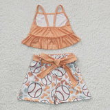 Solid Orange Baseball Leopard Print White Girls Shorts Sets