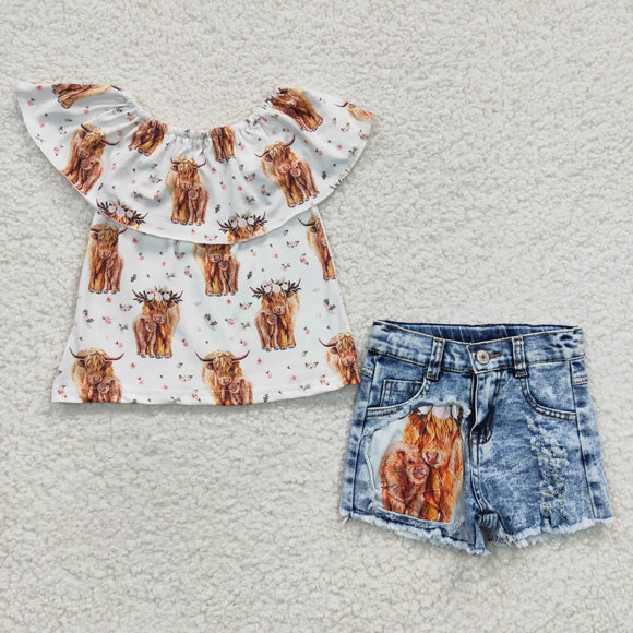 Highland Cow Pink Floral White Jeans Girls Shorts Sets