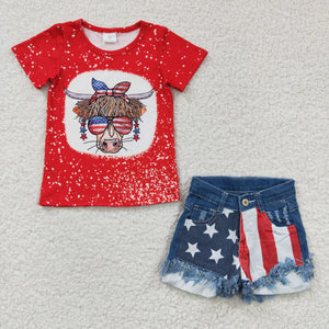 Cow Red Stars Striped Denim Shorts Girls 4th of July Outfits