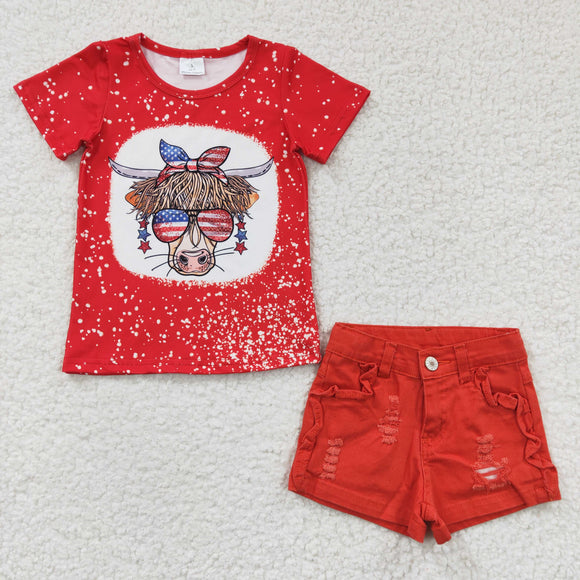 Cow Red Denim Shorts Girls 4th of July Outfits