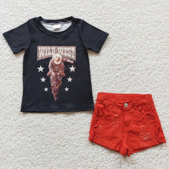 Wild West Red Jean Black Girls Shorts Sets