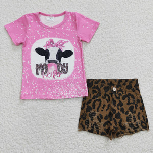 Moody Heifer Leopard Print Jean Pink Girls Shorts Sets