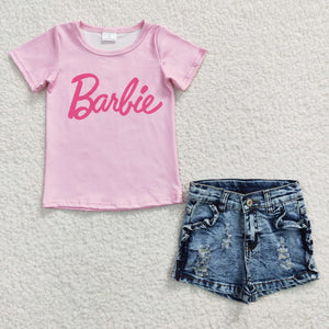 Cartoon Ruffles Jeans Pink Girls Shorts Sets