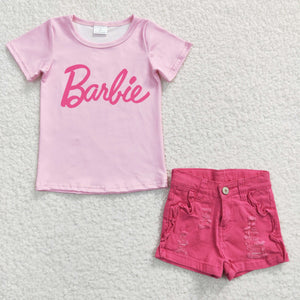 Cartoon Hot Pink Jeans Girls Shorts Sets