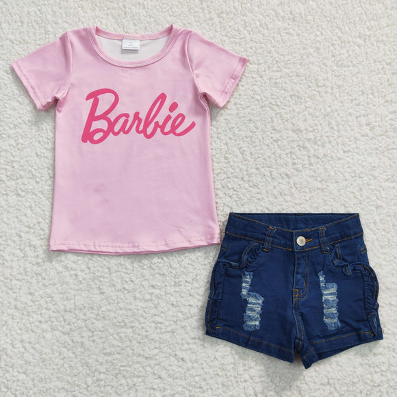 Cartoon Distressed Jeans Pink Girls Shorts Sets