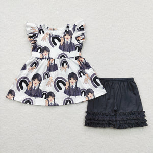 Wednesday Black White Girls Shorts Sets