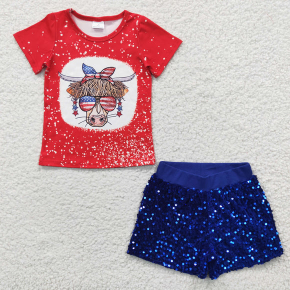 Cow Blue Sequins Girls 4th of July Outfits