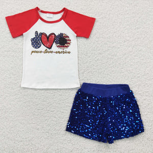 Peace Love Blue Sequins Girls 4th of July Outfits