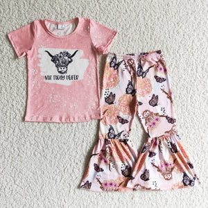 Promotional Not today heifer Letters Floral Butterfly Pink Girls Short Sleeve+Trousers Sets