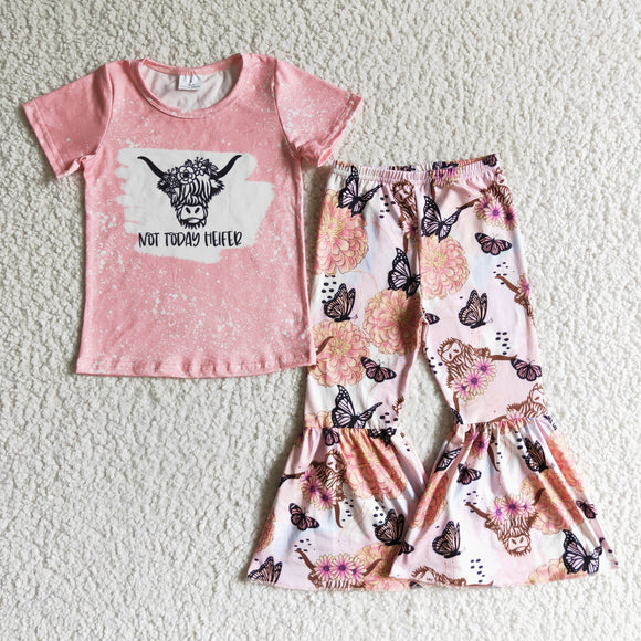 Promotional Not today heifer Letters Floral Butterfly Pink Girls Short Sleeve+Trousers Sets
