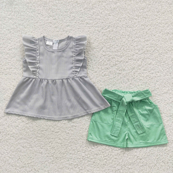 Gray Stripe Green Belt Girls Shorts Sets