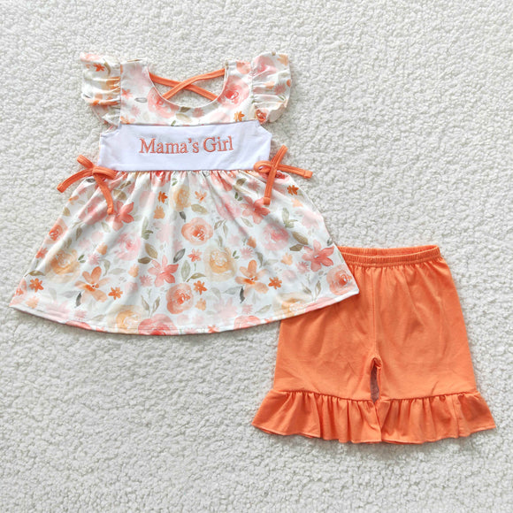 Mama's Girl Orange Floral Girls Shorts Sets