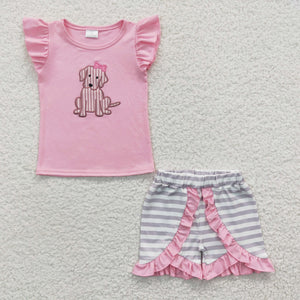 Stripe Dog Pink Girls Shorts Sets