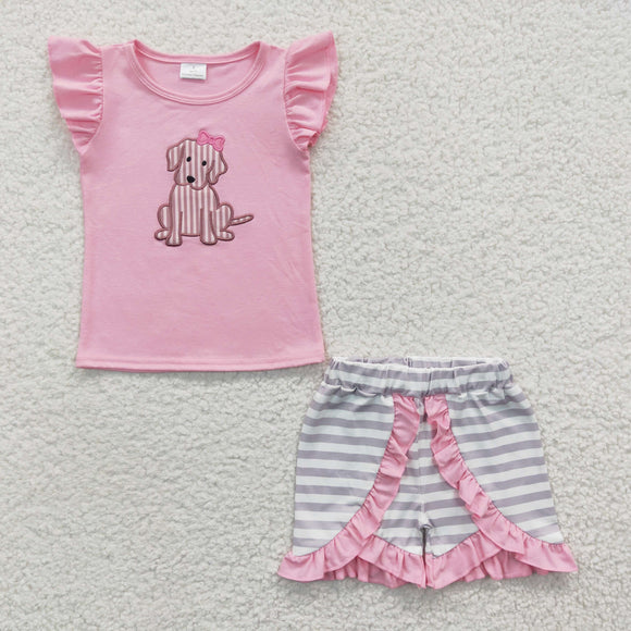 Stripe Dog Pink Girls Shorts Sets