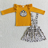 Pumpkin Orange Top Leopad Print Suspenders Skirts Girls Overalls Sets