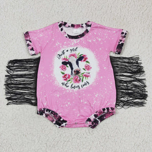 Promotional Love Cows Letters Floral Tassels Pink Girls Summer Romper