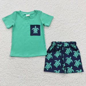 Promotional Tortoise Pocket Green Navy Boys Shorts Sets