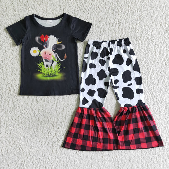 Promotional Cow Print Black Girls Short Sleeve+Trousers Sets