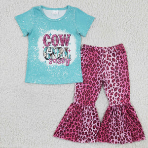 Cowgirl Sassy Letters Blue Girls Short Sleeve+Trousers Sets
