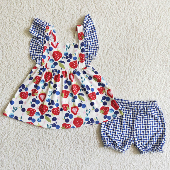 Promotional Strawberry Blue Plaid Girls Shorts Sets