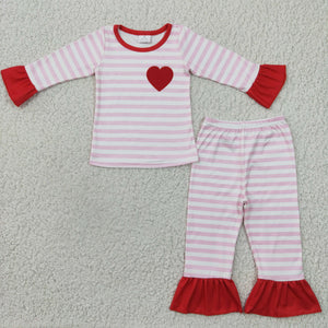 Love Embroidery Stripe Red Pink Girls Valentine Pajamas