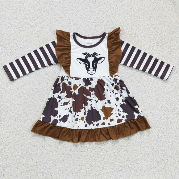 Promotional Cow Print Brown Girls Long Sleeve Dress