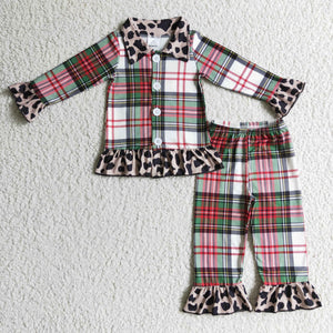 Green Gray Red Plaid Leopard Print Girls Christmas Pajamas