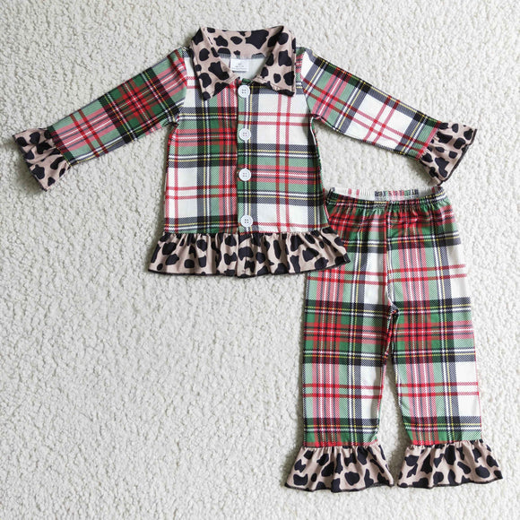 Green Gray Red Plaid Leopard Print Girls Christmas Pajamas