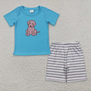 Stripe Dog Sky Blue Boys Shorts Sets