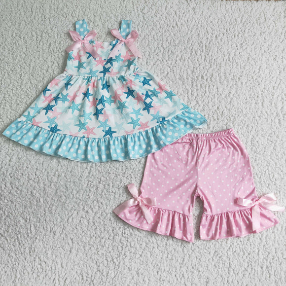 Promotional Sky Blue Starfish Pink Girls Shorts Sets