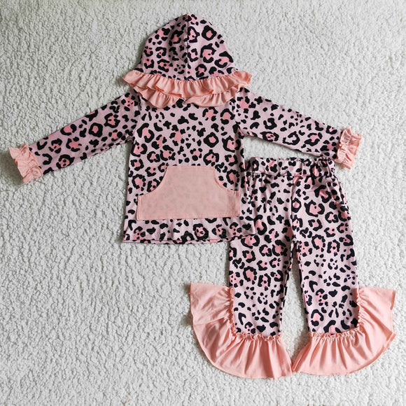 Leopard Print Pink Ruffles Girls Fall Hoodie Sets