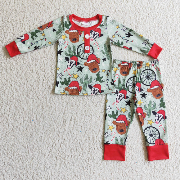 Yak Cow Cactus Green Red Boys Christmas Pajamas
