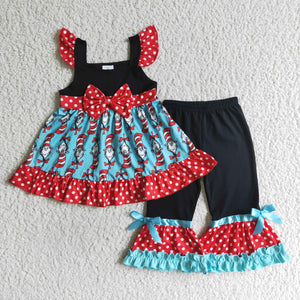 Promotional Cartoon Cat Bow Girls Short Sleeve+Trousers Sets