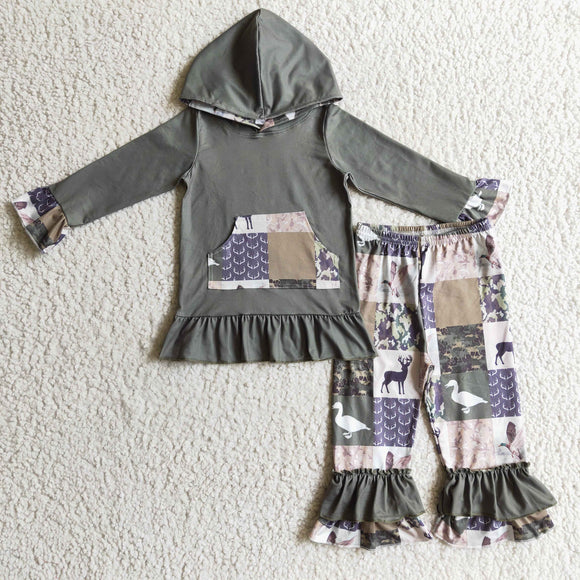 Jungle Deer Duck Camo Plaid Green Girls Fall Hoodie Sets