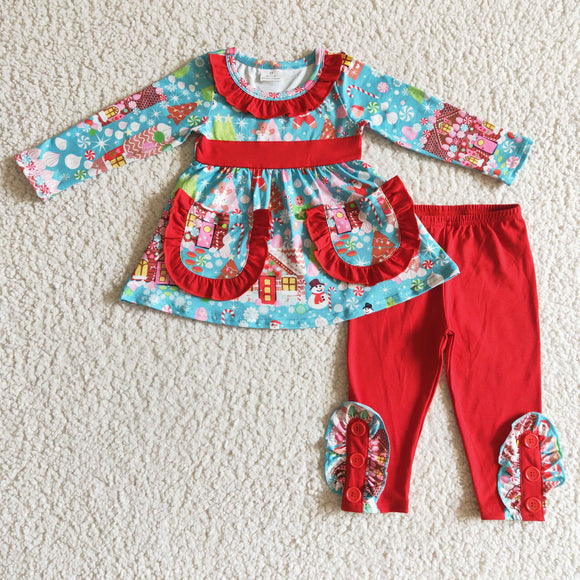 Promotional Santa Sky Blue Pockets Red Legging Girls Christmas Outfits