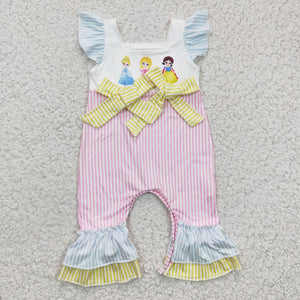 Cartoon Princess Pink Stripe Bows Girls Summer Romper