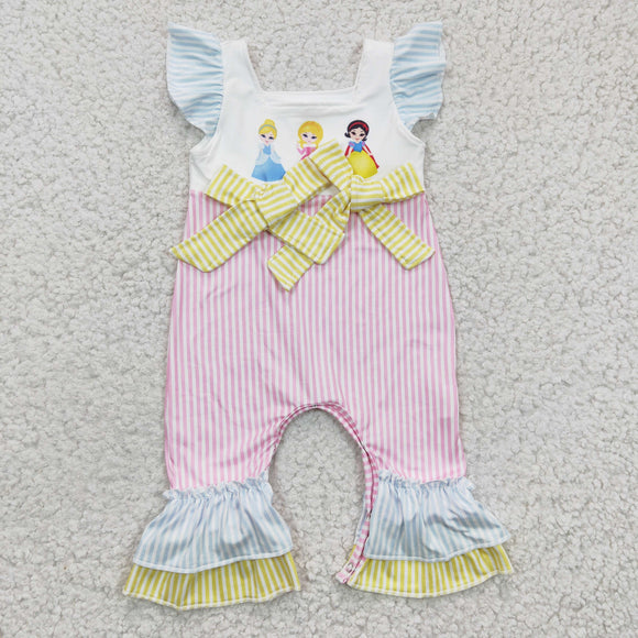 Cartoon Princess Pink Stripe Bows Girls Summer Romper