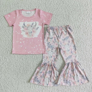 Promotional Cow Floral Pink Girls Short Sleeve+Trousers Sets