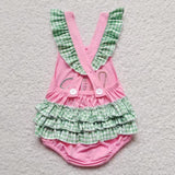 Baseball Green Plaid Pink Girls Summer Romper