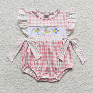 Birthday Balloon Pink Plaid Girls Summer Romper