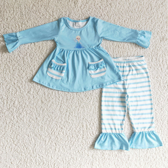 Promotional Cartoon Princess Pocket Sky Blue Stripes Girls Long Sleeve+Trousers Sets