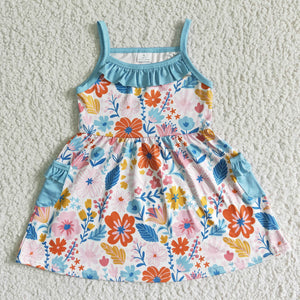 Floral Pink Sky Blue Girls Sleeveless Dress