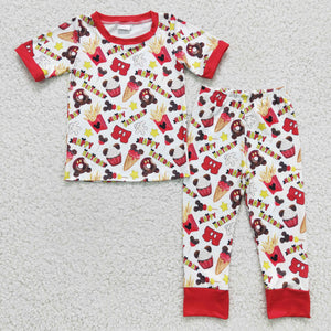 Promotional Cartoon Snack Happy Birthday Red Boys Short Sleeve Pajamas